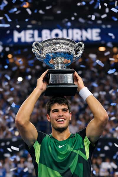 Illustration of Carlos Alcaraz celebrating his Australian Open 2026 victory